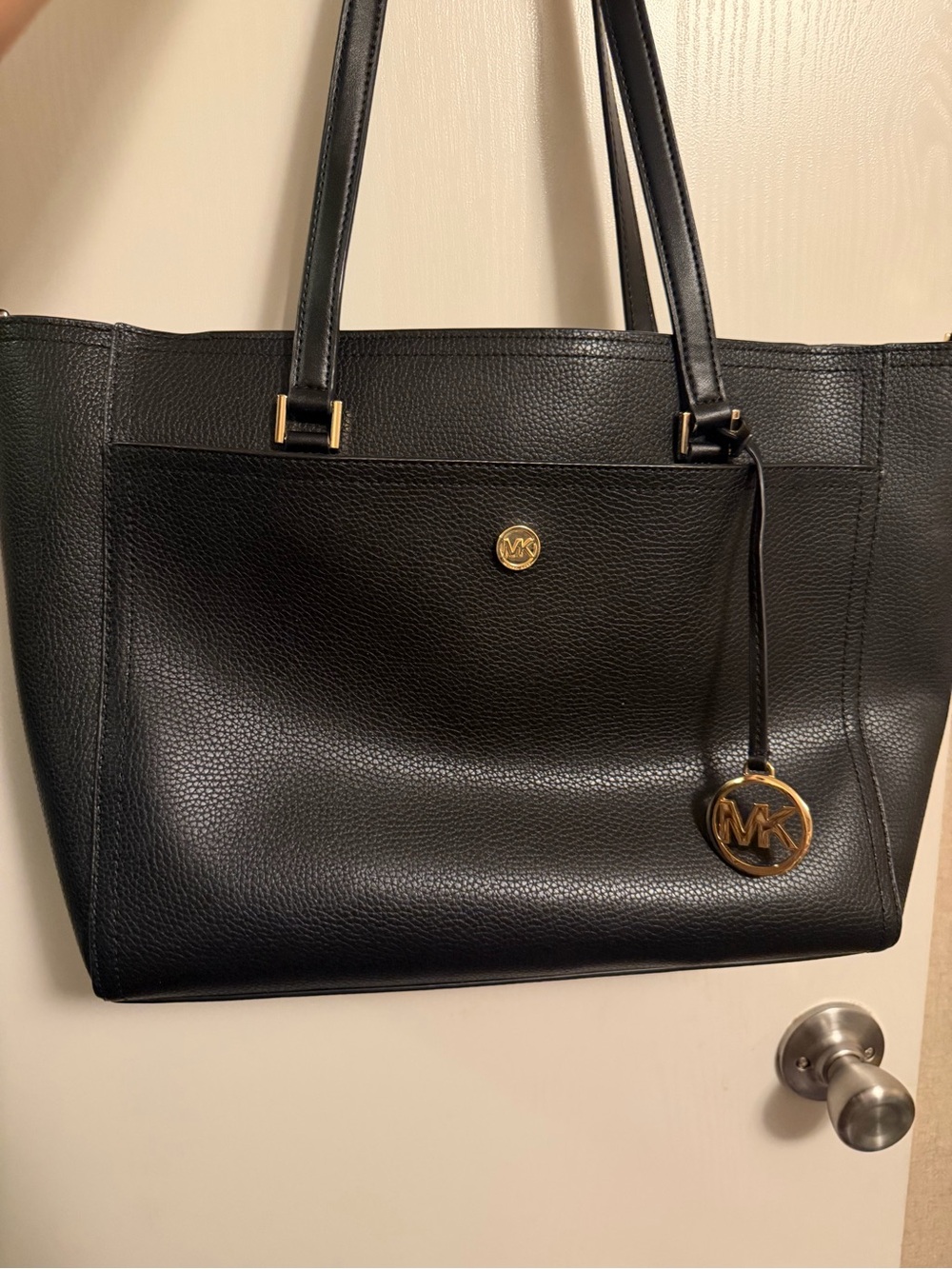 Michael Kors Black Pebbled Leather Tote with Gold MK Charm